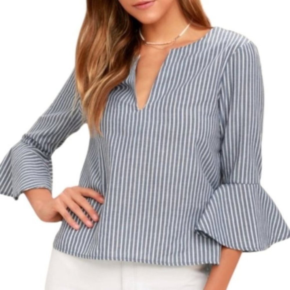 Ripe Blue and White Vertical Striped Bell Sleeve Blouse